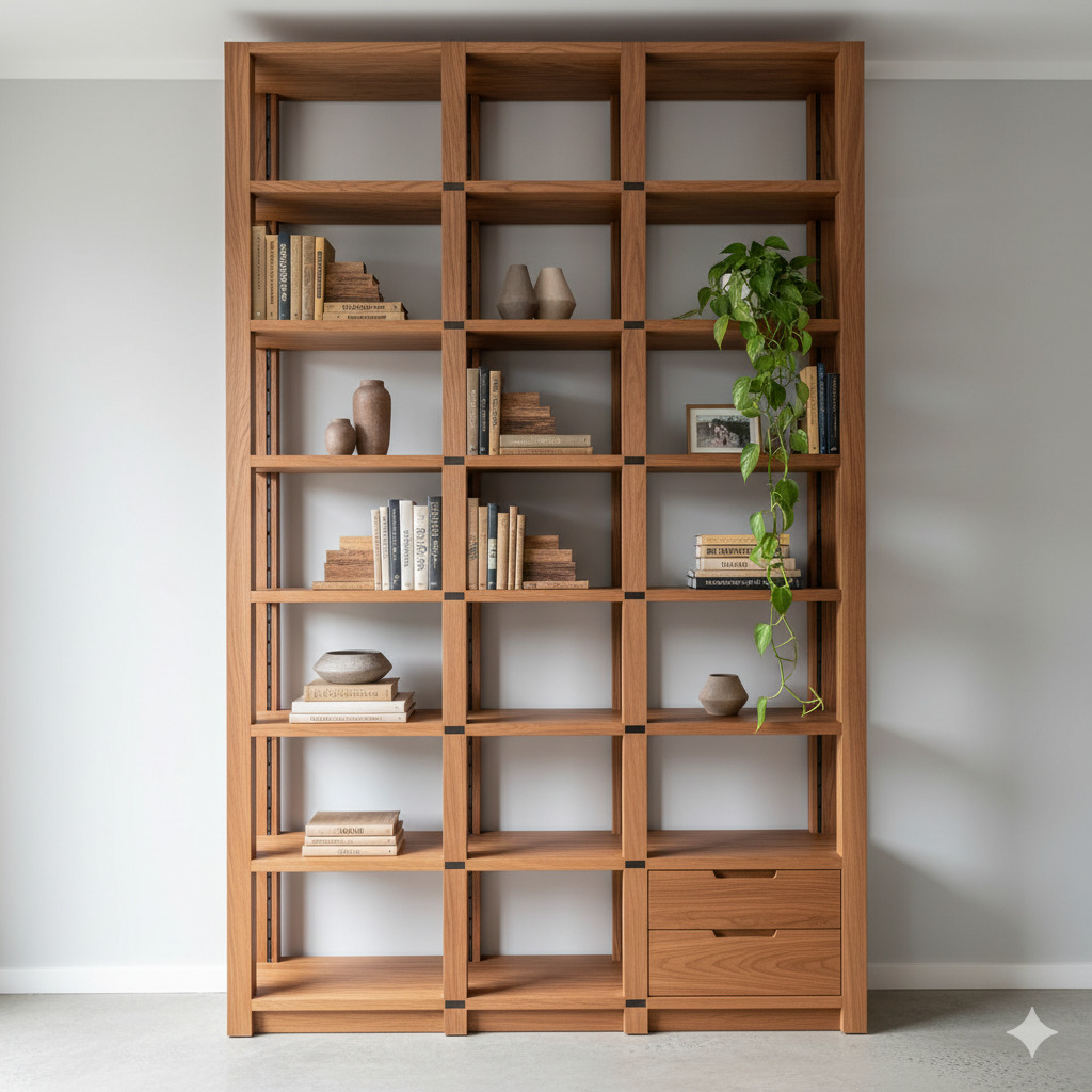 Bespoke timber bookshelf with adjustable shelving